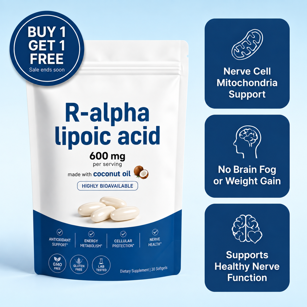 R-Alpha Lipoic Acid 600mg Softgels – Antioxidant, Cellular & Nerve Health Support