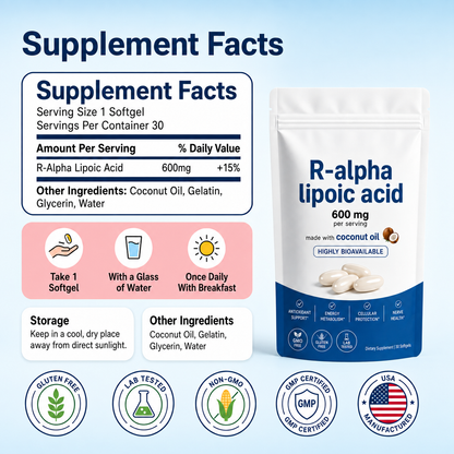 R-Alpha Lipoic Acid 600mg Softgels – Antioxidant, Cellular & Nerve Health Support